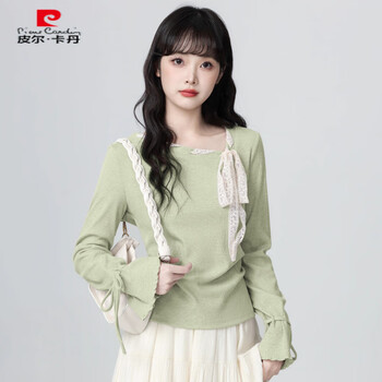 Pierre cardin yellow bow tie long sleeve t-shirt women's 2025 spring and autumn new bell sleeve diagonal collar waist short top green m 160/84a