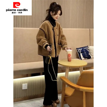 Pierre cardin lamb wool short jacket women's autumn and winter 2025 new korean style xiaoxiangfeng fur one-piece loose thickened warm cotton clothes coffee color l recommended 106-120 jin