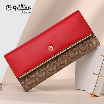 Goldlion wallet women's genuine leather light luxury 2025 new wallet card bag two-in-one women's cowhide long wallet women's bag handbag red official authentic you will get 10% off if you get a fake one