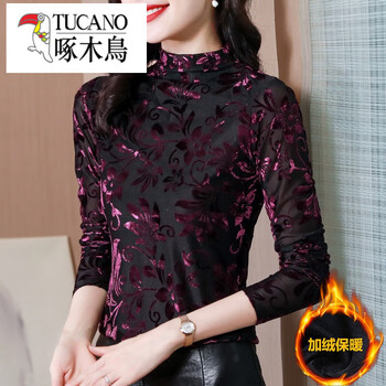 Woodpecker (tucano) half turtleneck plus velvet bottoming shirt for women in autumn and winter, western-style mesh t-shirt with gold velvet top inside, fashionable and age-reducing, purple plus velvet, 2xl, suitable for 118-128 pounds