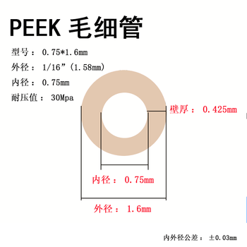 Peek hollow capillary 1/16-inch liquid phase ion chromatograph pressure-resistant connection hard tube hplc injection outer diameter 1_16 (1.6mm)_inner diameter 0.75mm true color 1 standard