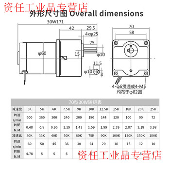 Yue changsheng dc brushed reduction motor high torque 12v24v48v adjustable speed forward and reverse/torque gear micro motor 70 type 30w output shaft 10mm key 4 50 rpm dc motor dc24v