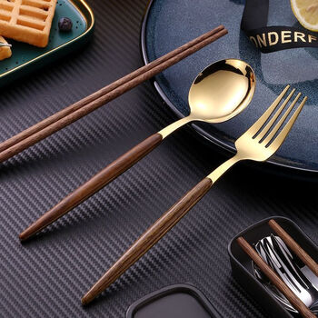 Uoso portable tableware chopsticks spoon set student office worker tableware box portable chopsticks spoon fork three-piece set golden spoon