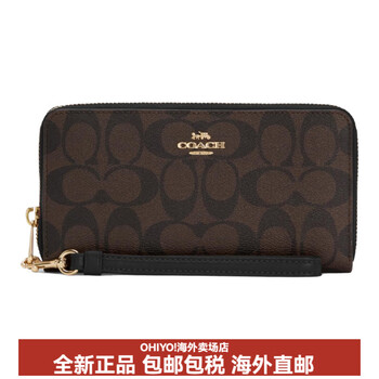 Coach ziparound19 zippered long canvas with leather wallet clutch regular women's black with brown basic outfit (bag + dust bag)