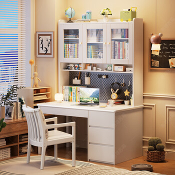 Huixun high-end solid wood desk and bookcase integrated table and bookshelf combination children's study table student home bedroom computer table fas grade rubber wood without veneer ivory white #desk + bookshelf 100cm*60cm*75cm total height 186cm