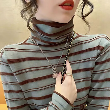 2025 new autumn double-sided german velvet striped bottoming shirt for women, fashionable and versatile inner long-sleeved turtleneck top, green m