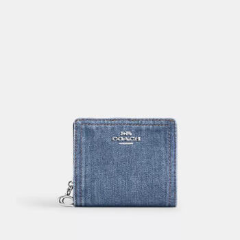 Coach women's mini wallet multi-card slots with id window bill slot snap button closure denim blue metal buckle silver/indigo
