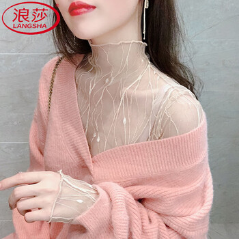 Langsha half turtleneck lace bottoming shirt for women in autumn and winter, high-end western-style gauze sweater with mesh top and small shirt, apricot s