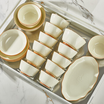 Guoyue light luxury simple bowl and dish set jingdezhen underglaze color cream style tableware complete set of high-looking housewarming tableware and plates encounter shiguang underglaze color 56-piece gift box