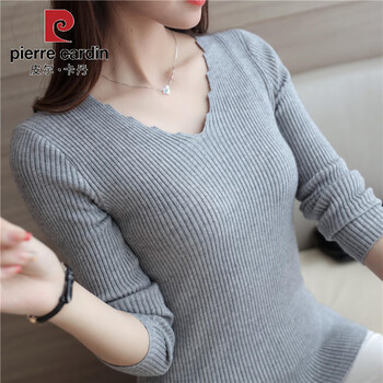 Pierre cardin autumn and winter versatile wavy v-neck large size bottoming shirt long-sleeved solid color slim short large size pullover knitted wool 807# wavy v-neck - gray l