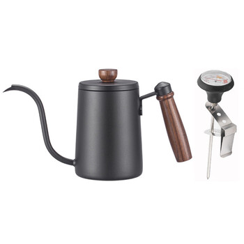 Stainless steel coffee hand brewing kettle with walnut handle, household original wood grain hand brewing coffee pot, slim mouth, long mouth and hanging ears, matte black hand brewing kettle + thermometer - 600ml