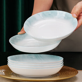 Guoyue jingdezhen bowls and plates, light luxury underglaze color dinner plates, household ceramic rice plates, bone china dishes, simple western dinner plates, yunjin wanli 8-inch deep plates, 4 pieces