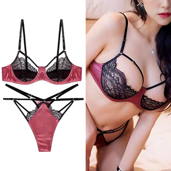 Victoria palace lace underwear sexy ultra-thin eyelash push-up push-up big breast makeup small bra comfortable breathable bra set burgundy xl