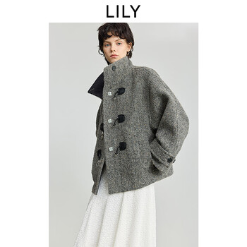 Lily2025 new winter women's sheep wool alpaca blended retro old money style high collar clip-on woolen jacket 720 wood brown s