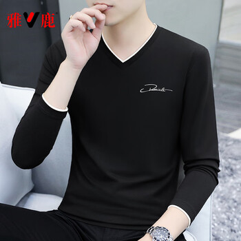 Yalu men's pure cotton v-neck bottoming shirt long-sleeved t-shirt underwear spring and autumn clothes 2025 new t-shirt inner wear spring men's yp-c4023 black xl (recommended 130-145 pounds)