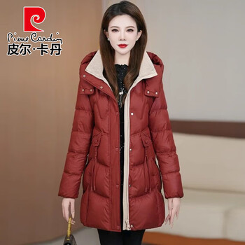 Pierre cardin high-end down jacket women's mid-length winter new style 2025 fashion slim and warm foreign style thickened white duck down jacket red l recommended weight 105-118 catties