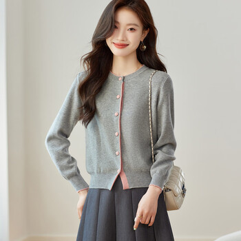 Shexi (srcr) short contrasting color 100% wool cardigan for women, autumn and winter fashionable and small knitted sweater jacket
