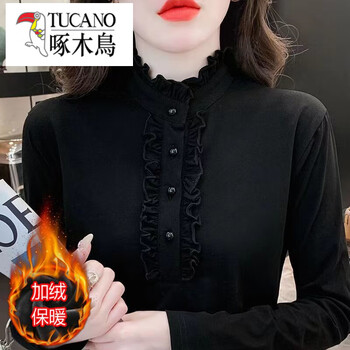 Woodpecker (tucano) velvet warm lace long-sleeved t-shirt bottoming shirt for women autumn and winter half turtleneck solid color inner shirt black one-piece velvet l
