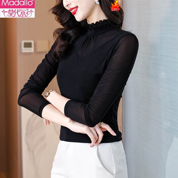 Modal black half turtleneck long-sleeved lace shirt for women spring and autumn 2026 new high elastic slim fit bottoming shirt mesh top black m