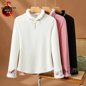 Pierre cardin (pierre cardin) new autumn and winter german velvet national style embroidered bottoming shirt autumn plus velvet 200 pounds new chinese style plate button long-sleeved t-shirt for women white xl suitable for about 120-135 pounds