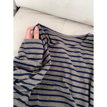 Korean style lazy gray and blue striped brushed long-sleeved t-shirt for women in autumn and winter round neck loose slimming soft waxy bottoming shirt picture color m