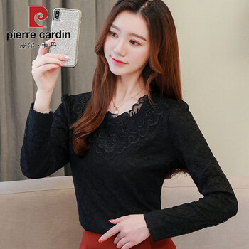 Pierre cardin plus velvet sexy lace bottoming shirt new autumn and winter thickened women's warm top embroidered lace fashionable shirt outer wear black l (recommended 105-115 pounds)