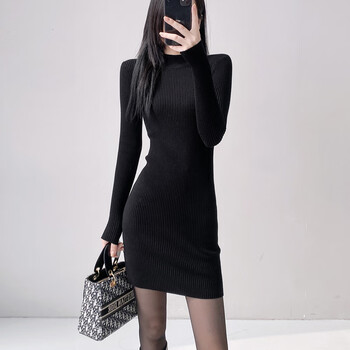 Yu zhaolin (yuzhaolin) half turtleneck knitted dress for women 25 autumn and winter with coat, slim fit waist bag hip bottoming sweater short skirt black
