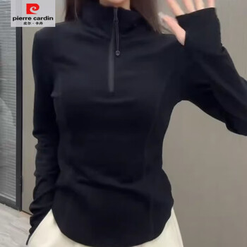 Pierre cardin temperament half-zip stand collar long-sleeved t-shirt for women spring and autumn 2025 new korean version slimming black bottoming shirt black s