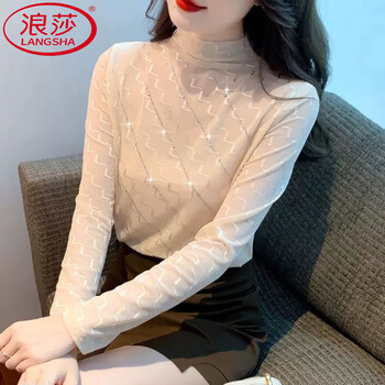 Langsha half turtleneck lace bottoming shirt for women in autumn and winter plus velvet mesh, slim and fashionable, stylish inner top, long-sleeved t-shirt for women, apricot s 80-95 pounds