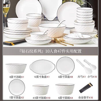 Yusenyi underglaze color simple ceramic tableware set 2025 new bowl and plate combination set ceramic bowls and chopsticks for home moving to new home, quality selection, geometric 10-person meal, 47 pieces with soup bowl (high temperature underglaze color) microwave-dishwasher-oven