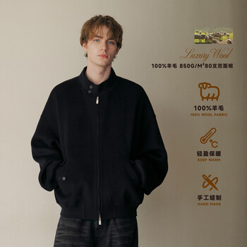 Pso brand 100% wool stand collar harrington short jacket men's american design loose new year's jacket winter jet black black l