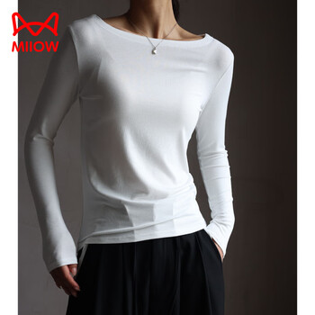 Miiow one-line collar modal autumn and winter inner layering shirt women's slim long-sleeved t-shirt white simple base layer white m (suitable for weight 95-115 catties)