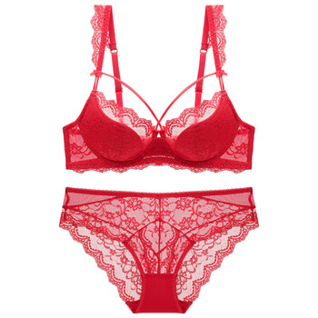 Victoria's secret big red underwear set women's big breast thin lace push-up wedding gift bra upgraded red 80b x standard