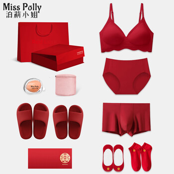 Miss polly's red wedding underwear, bride and groom suit for couples with big breasts and small breasts, push-up, thin dowry for women, women's underwear set + men's underwear + free laundry bag m women's suit one size fits all 75/80abc cup men's underwear 2xl recommended size 130-150 pounds