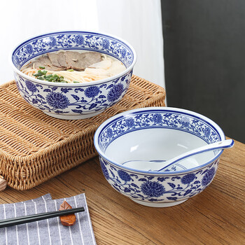 Chuanqi blue and white porcelain bowl, 7 inches, 2 pieces, household large soup bowl, ceramic boiling bowl, noodle bowl, salad bowl