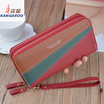 Kangaroo women's hand wallet women's long contrast color double zipper large capacity card holder mobile phone bag multifunctional mom coin purse trendy red
