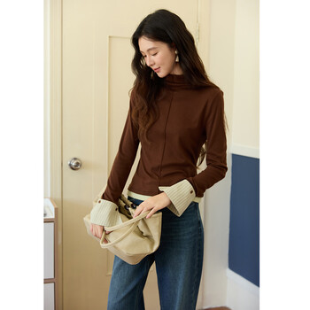 Mystery show new year two-color contrast knitted bottoming shirt for women 2025 autumn and winter new women's stretch slim detachable cuffs inside brown brown m