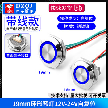 Dzqj16/19/22mm ultra-short metal strap button self-resetting light touch ultra-thin micro-travel point switch with light 19mm ring blue light 12v-24v self-resetting