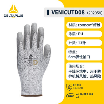 Delta level 5 anti-cut gloves wear-resistant industrial anti-stab work glass woodworking anti-cut labor protection gloves level 4 anti-cut pu coating-202058 m
