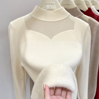 Yu zhaolin (yuzhaolin) women's thickened velvet sweater with one-piece velvet niche design mesh top for women in winter, half turtleneck bottoming shirt for women
