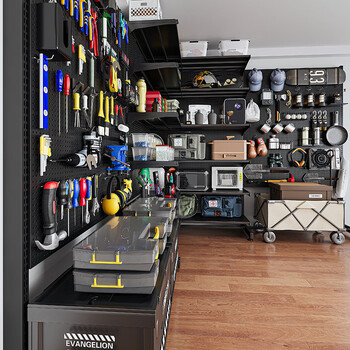 He jiagong vertical hole board storage rack floor-standing hardware tool storage rack sports equipment metal punch-free household shelf black bonus plate + 4 hole board 3 layers 66*35*190cm