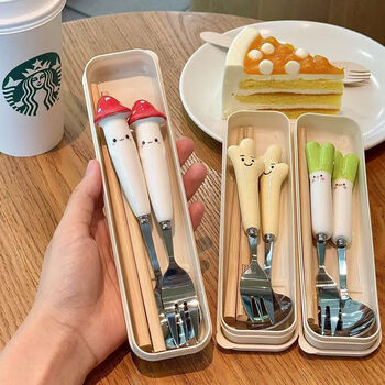 Yusenyi cute cartoon fork, chopsticks and spoon set student portable tableware high-looking three-piece set for one person small mushroom spoon