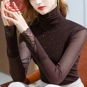 Langsha (langsha) mesh stitching high-neck bottoming shirt for women in autumn and winter, western-style elastic large size inner top, sexy lace long-sleeved t-shirt, brown 4xl 155-170 pounds