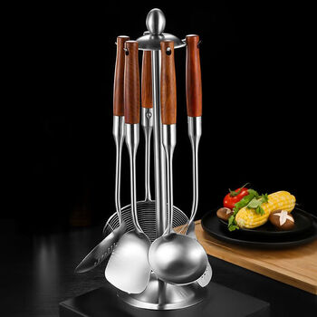 Muke thickened 304 stainless steel spatula solid wood handle household kitchen utensils cooking shovel soup spoon frying spoon combination set six-piece set including kitchen utensil rack