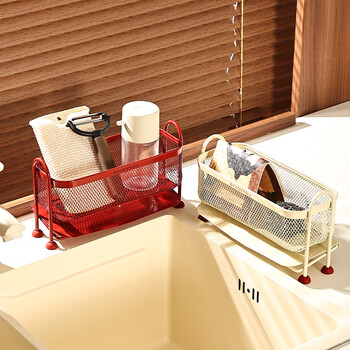Zunmos kitchen sink rack sponge drain rack rag storage kitchen dishwashing faucet narrow side mesh basket sink drain rack red