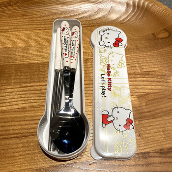 Magic bean shenghuo cute cartoon hello kitty chopsticks and spoon three-piece stainless steel set portable travel tableware for office workers and students hello kitty spoon, chopsticks and fork three-piece set + box
