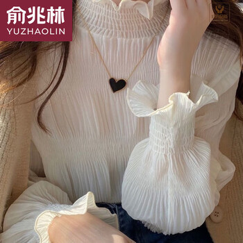 Yu zhaolin (yuzhaolin) spring and autumn lace chiffon women's 2025 plus velvet stand collar top bottoming shirt apricot shirt new style yarn ear trim white s 75-95 jin