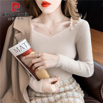 Pierre cardin v-neck sweater women's top 2025 early autumn new style fashionable beaded hollow off-shoulder sweater base layer apricot xl recommended 120-135 pounds