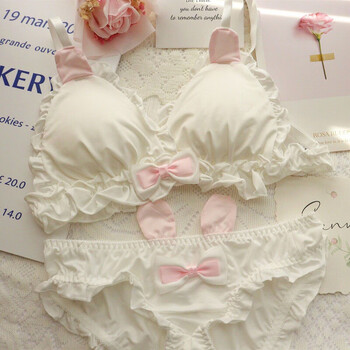 Renduo sweet and cute rabbit ears girl underwear set japanese lolita student pure desire small breast thin section wireless bra rabbit ears white set 80a 36/80ab