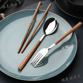 Palmerton wooden chopsticks and spoon set stainless steel portable tableware travel take-out storage box fork student three-piece set silver wood grain chopsticks + spoon + box (+ storage bag)
